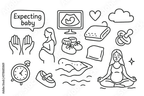 Pregnancy Doodle Icons. Hand-drawn doodle illustration Expecting baby gentle hands, growing belly, baby booties, soft blanket, ultrasound screen, heart,