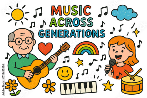 Music Unites Generations. Colorful Hand-drawn doodle Children illustration Music Across Generations [guitar, piano, drum, singing, heart, rainbow, star, spark,
