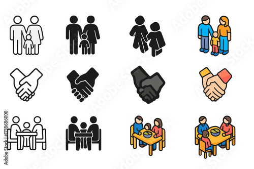 Family Icons Set. Icon Set of Family Togetherness: Parents with child, Holding hands, Family dinner table. Icons set in vector style, emblematic variations.