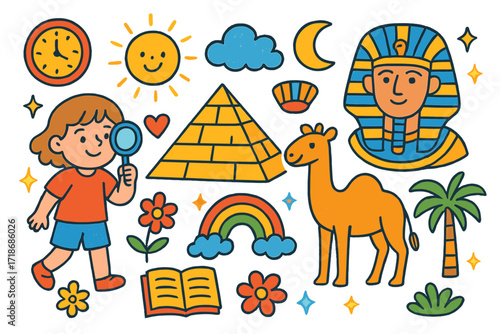 Exploring Ancient Egypt. Colorful Hand-drawn doodle Children illustration Exploring Ancient Egypt pyramid, pharaoh, camel, clock, sun, star, rainbow, sparkles,