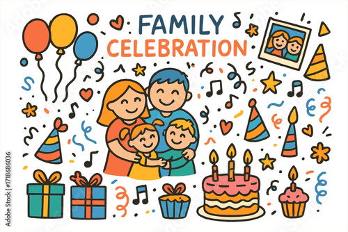 Joyful Family Party. Colorful Hand-drawn doodle Children illustration Family Celebration cake, balloons, party hats, presents, smiling faces, confetti,