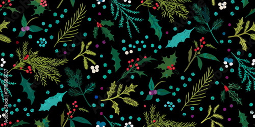Seamless pattern of festive christmas holly berries and evergreen branches on a black background