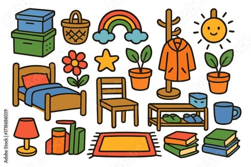 Colorful Kids Storage. Colorful Hand-drawn doodle Children illustration Small Space Storage [stacked boxes, basket, shoe rack, coat hanger, star, rainbow, sun,