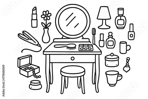 Vanity Table Doodle. Hand-drawn doodle illustration Vanity Table [lipstick, round mirror, drawer, table, stool, vase, lamp, brush, hair straightener, makeup