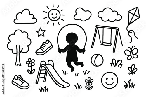 Playground Doodle Art. Hand-drawn doodle illustration Jump rope in playground [jump rope, slide, swing, ball, sneakers, child silhouette, star, sun, cloud,