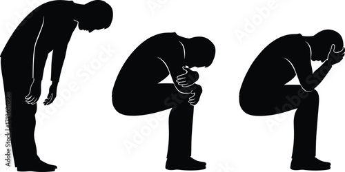 Sad silhouette man, emotional stress posture, depression body language, mental health awareness, anxiety illustration, psychological pain concept, vector art for therapy, education