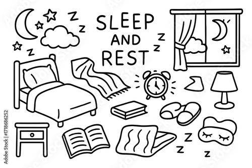 Sleep Essentials Doodle. Sleep and rest. Hand-drawn doodle illustration sleep and rest bed, pillow, blanket, moon, stars, alarm clock, lamp,