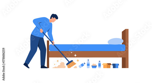 A man sweeping under a bed, cleaning up scattered items; flat illustration style with a neutral color palette against a white background.