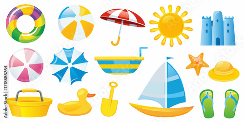 Collection of colorful cartoon beach and summer vacation icons and objects on a white background