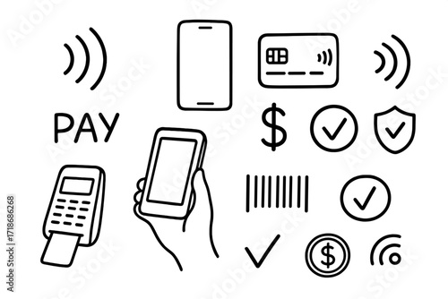 Contactless Payment Icons. Hand-drawn doodle illustration Contactless payment NFC wave, phone, card chip, wireless icon, pay terminal, dollar sign, tick icon,
