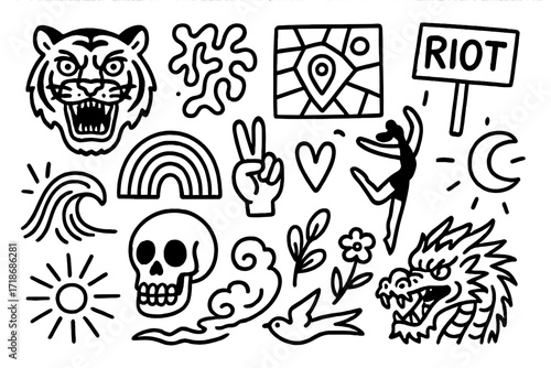 Street Art Doodles. Hand-drawn doodle illustration [street art inspirations] tiger face, abstract shape, city map, protest sign, peace hand, dancer pose,