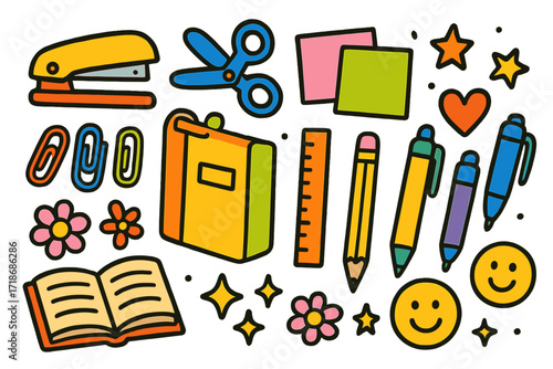 Colorful Office Supplies Doodle. Colorful Hand-drawn doodle Children illustration Office Supplies Organization stapler, scissors, sticky notes, paper clips,