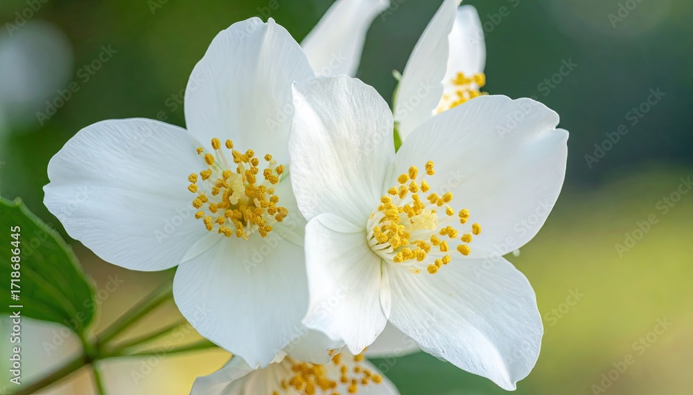 Obraz premium Close Up of White Jasmine Flowers with Yellow Stamens and Green Leaves in Natural Light Macro Shot