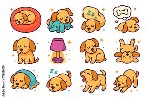 Puppy Sleep Icons. Colorful isometric vector icons set of Puppy sleeping moments: curled up in donut bed, head on plush toy, snoring pose, dream bubble with