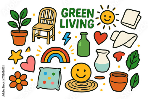Green Living Doodle Art. Colorful Hand-drawn doodle Children illustration Inspirational Green Living [potted plant, bamboo chair, recycled glass vase, cotton