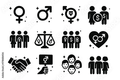 Gender Symbols Icons. Gender Equality. Solid icons set of female symbol, male symbol, gender-neutral symbol, equal pay, diverse workplace, balance scale, group