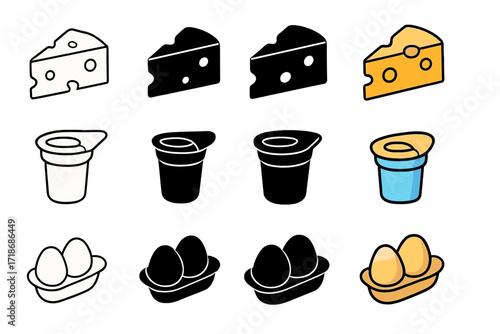Organic Dairy Icons. Icon Set of Organic dairy: organic cheese wedge, yogurt cup, free-range eggs. Icons set in vector style, emblematic variations. Organic