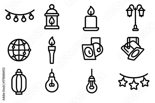 Evening Light Icons. Evening fair lights. Line icon set of evening fair lights: string lights, lantern, candle, lamp post, fairy light globe, torch, spotlight,