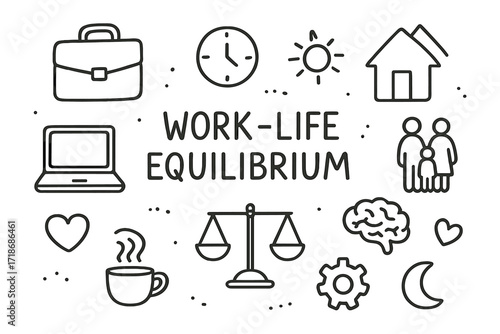 Work-Life Balance Doodles. Hand-drawn doodle illustration Work-life equilibrium [briefcase, laptop, house, family silhouette, clock, calendar, brain, heart,