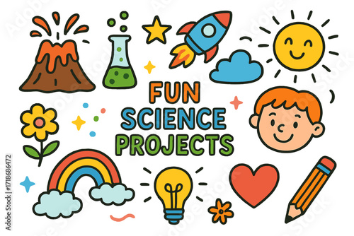 Fun Science Doodle. Colorful Hand-drawn doodle Children illustration Fun Science Projects volcano experiment, test tube, beaker, rainbow liquid, sparkles,
