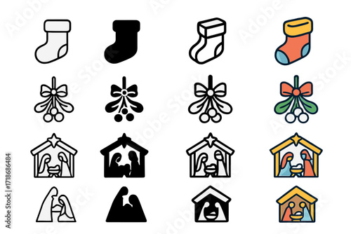 Christmas Icon Set. Icon Set of Christmas traditions: stocking, mistletoe, nativity scene. Icons set in vector style, emblematic variations. Stocking line,