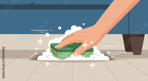 Close-up view of a hand cleaning a floor with a soapy sponge, showcasing a cleaning process with a bright, clean aesthetic against a light wooden floor background.
