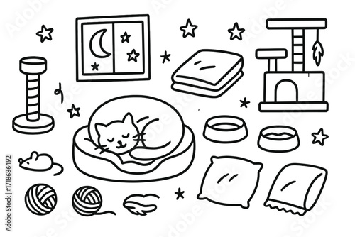 Cozy Cat Night. Hand-drawn doodle illustration cozy night for cats cat curled up, cat bed, scratching post, toy mouse, yarn ball, food bowl, water dish,