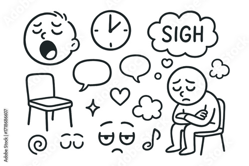 Bored Audience Doodles. Hand-drawn doodle illustration Audience boredom [yawning face, clock, sigh bubble, slouching figure, empty chair, comic bubble, heart,