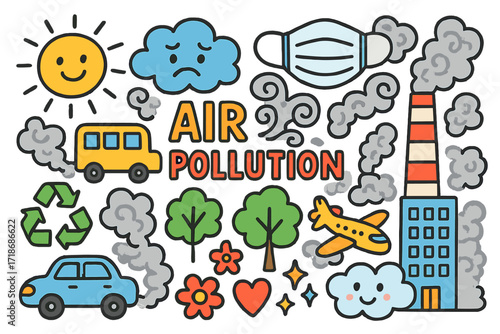 Air Pollution Doodles. Colorful Hand-drawn doodle Children illustration Air pollution car, bus, smokestack, building, smoke swirl, mask, sun, cloud, recycling