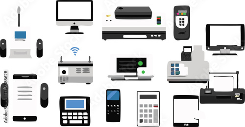 Collection of electronic devices and office equipment on white background Keywords: computer, monitor