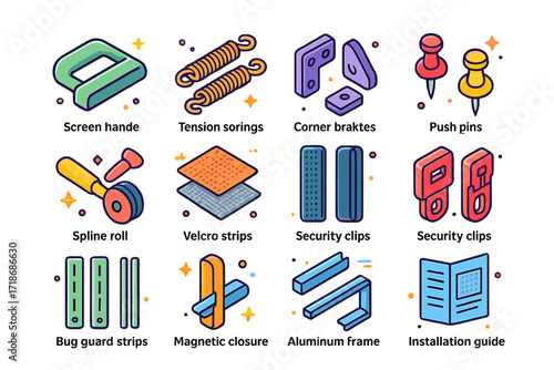 Window Screen Accessories Icons. Colorful isometric vector icons set of window screen accessories: screen handle, tension springs, corner brackets, push pins,