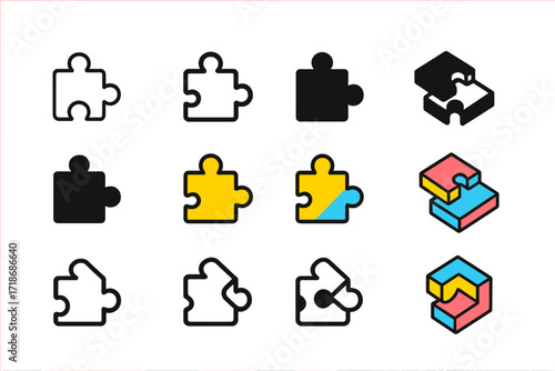 Colorful Harmony Logos. Set Logo of Harmony: Interlocked puzzle pieces. Logo set in vector style, emblematic variations. line, bold thick line, solid black