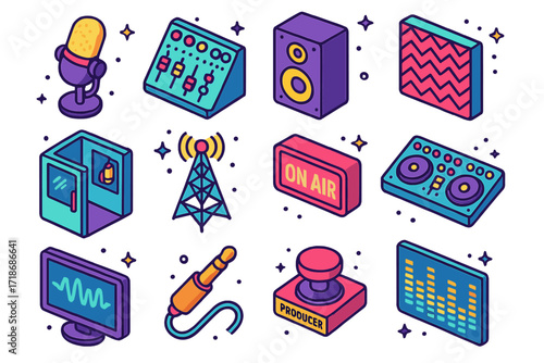 Radio Station Icons. Colorful isometric vector icons set of radio station equipment: broadcast microphone, mixing console, studio monitor speaker, soundproof