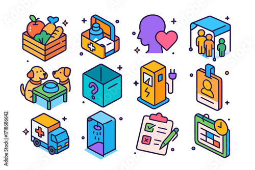 Post-Evacuation Icons. Colorful isometric vector icons set of post-evacuation support: food distribution crate, hygiene kit, psychological support symbol,