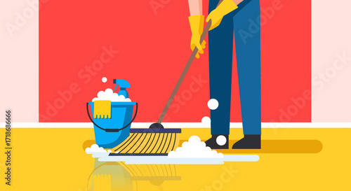 Close-up of a person sweeping a floor with a broom and mop, cleaning a shiny surface, in a flat, vector illustration style with vivid colors against a red background.