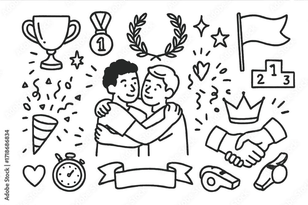 Obraz premium Triumphant Sports Celebration. Hand-drawn doodle illustration Sports Win Embrace [two athletes hugging, trophy, medal, laurel wreath, star, sparkle, flag,