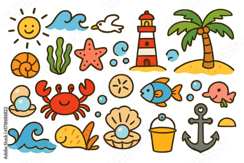 Seashore Treasure Doodles. Colorful Hand-drawn doodle Children illustration Seashore treasures shell, starfish, crab, pearl, seaweed, fish, anchor, sand