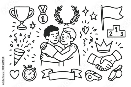 Triumphant Sports Celebration. Hand-drawn doodle illustration Sports Win Embrace [two athletes hugging, trophy, medal, laurel wreath, star, sparkle, flag,