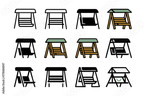 Garden Swing Logos. Set Logo of outdoor lounging: garden swing bench. Logo set in vector style, emblematic variations. line, bold thick line, solid black