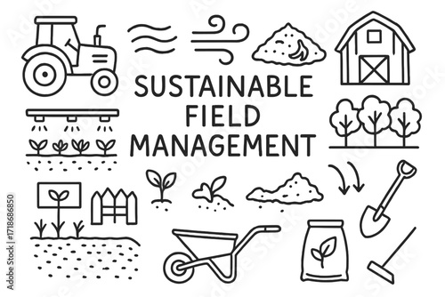 Sustainable Farming Icons. Hand-drawn doodle illustration Sustainable field management [tractor, irrigation line, crop field, barn, soil texture, wind icon,