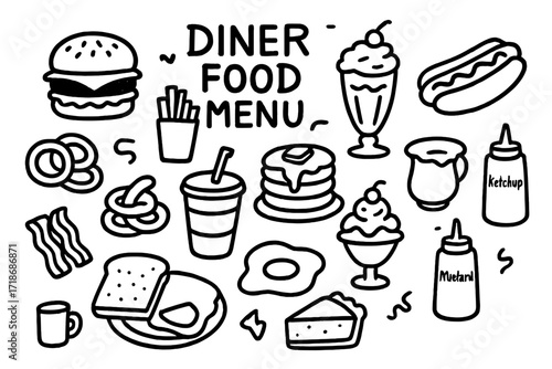 Diner Menu Doodles. Hand-drawn doodle illustration Diner Food Menu burger, fries, milkshake, hot dog, onion rings, soda cup, pancake stack, bacon, eggs, toast,