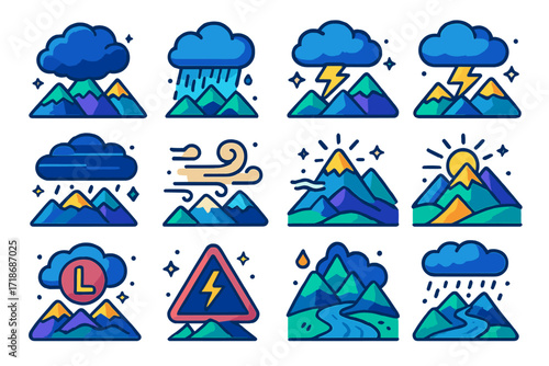 Colorful Storm Icon Set. Colorful isometric vector icons set of Stormy skies over mountains: thundercloud buildup, rain curtains, lightning bolt, dark sky