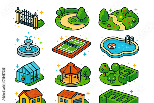 Vibrant Estate Icons. Colorful isometric vector icons set of estate property features: wrought iron gate, circular driveway, landscaped garden, fountain,