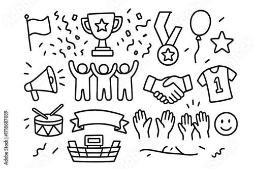 Team Celebration Icons. Hand-drawn doodle illustration winning team celebration trophy, medal, flag, confetti, balloon, star, handshake, raised hands, jersey,