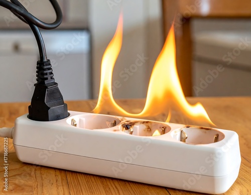 Damaged electrical extension burning