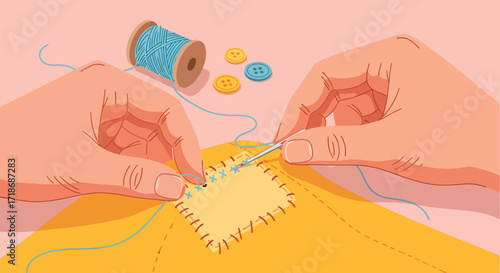Close-up flat lay of hands sewing a yellow fabric patch with needle and thread, pastel colored buttons and thread spool nearby, illustrating a calm and focused crafting