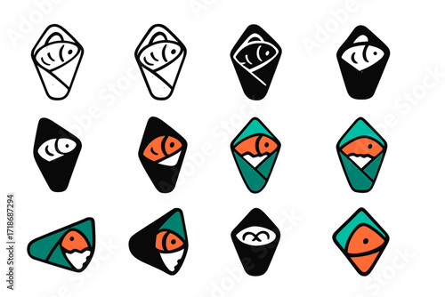 Sushi Hand Roll Logos. Set Logo of Fish and Rice: Hand Roll Sushi Cone. Logo set in vector style, emblematic variations. line, bold thick line, solid black