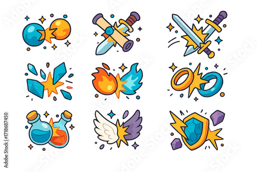 Fantasy Collisions Icons. Colorful isometric vector icons set of fantasy elements in mid-air collision: spell orbs crashing, enchanted scrolls colliding,