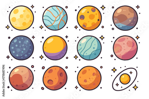 Vibrant Planetary Moons. Colorful isometric vector icons set of planetary moons: Earth?s Moon, Europa, Io, Ganymede, Callisto, Titan, Enceladus, Triton,