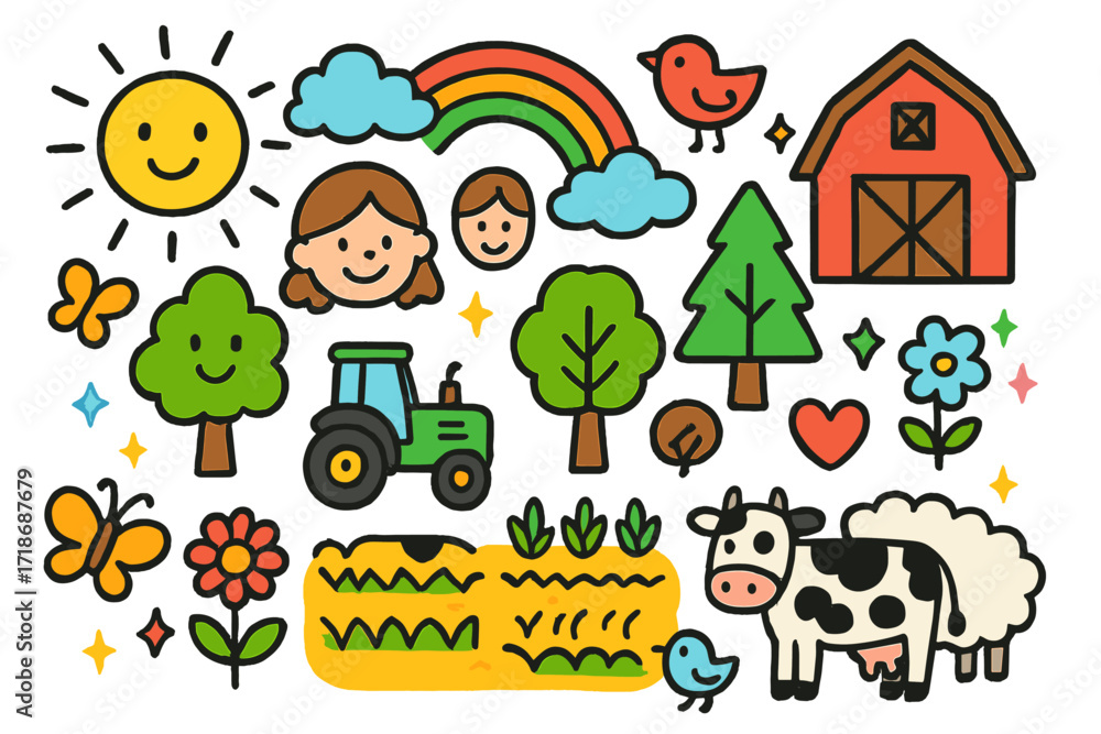 Fototapeta premium Whimsical Farmland Delight. Colorful Hand-drawn doodle Children illustration Farmland Conservation trees, crops, tractor, barn, rainbow, sun, clouds, heart,